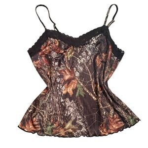 Y2K Lace Trim Camo Print Camisole Cami Tank Top Brown Grunge Indie Sleeze Size M
